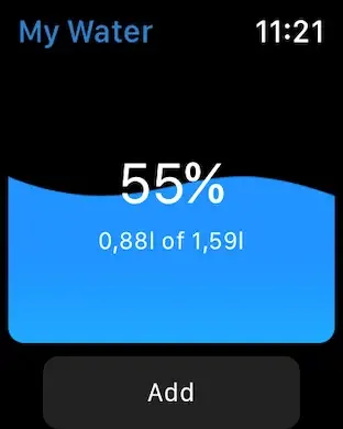 My Water on Apple Watch showing 55 percent of the daily hydration goal